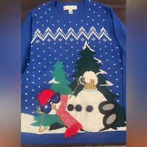 Blue Holiday Sweater with Snowman Design